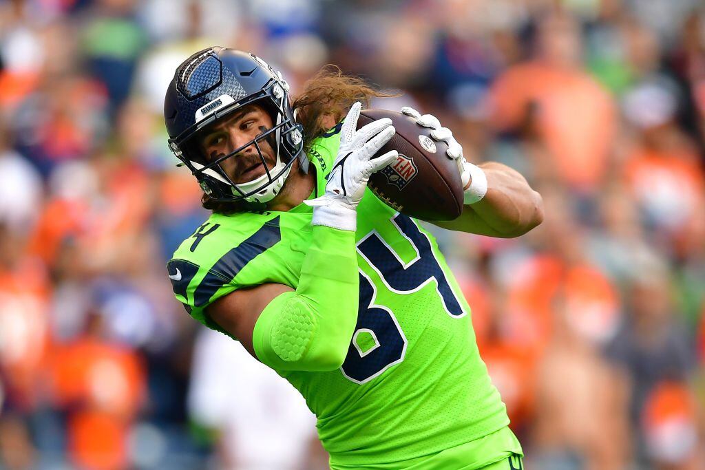 Colby Parkinson of the Seattle Seahawks celebrates a touchdown with News  Photo - Getty Images